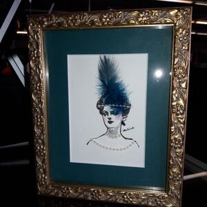 Vintage Framed Art with Blue Feather Accent And Embellishments.